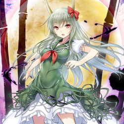 Rule 34 | 1girl, 47agdragon, bamboo, blush, bow, breasts, dress, ex-keine, female focus, full moon, green dress, green hair, horn bow, horns, kamishirasawa keine, large breasts, looking at viewer, moon, open mouth, red eyes, short sleeves, smile, solo, touhou