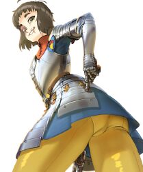 Rule 34 | 1girl, absurdres, armor, ass, bad id, bad twitter id, breastplate, brown hair, from behind, gauntlets, green eyes, highres, kneeling, looking at viewer, looking back, medium hair, original, pants, simple background, smile, solo, wass nonnam, white background, yellow pants