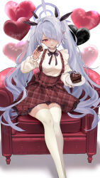 Rule 34 | 1girl, absurdres, balloon, blue archive, blush, breasts, brown skirt, dark-skinned female, dark skin, feet out of frame, grey hair, hair over one eye, halo, heart balloon, highres, holding, iori (blue archive), long hair, long sleeves, official alternate costume, open mouth, pointy ears, purple halo, red eyes, shirt, signature, sitting, skirt, small breasts, solo, thighhighs, twintails, white shirt, white thighhighs, yukimiya yuge