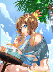 Rule 34 | 1girl, ahoge, bikini, blonde hair, blue eyes, bowl, breasts, brown dust 2, chopsticks, cloud, cloudy sky, cropped shirt, cup, drinking straw, eating, food, from below, hair between eyes, hair ornament, highres, holding, holding chopsticks, justia (brown dust), light blush, looking to the side, medium breasts, navel, palm tree, pasta, plate, shirt, sitting, sky, small horns, solo, spaghetti, stomach, sunlight, swimsuit, table, tree, upper body, wet, wet clothes, wet shirt, white bikini, white shirt, wjdtjdwlswls, wooden table