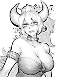 Rule 34 | 1girl, armlet, bad id, bad twitter id, bare shoulders, bowsette, bracelet, breasts, collar, crown, dress, greyscale, gudobe7, highres, horns, jewelry, large breasts, mario (series), monochrome, new super mario bros. u deluxe, nintendo, ponytail, spiked armlet, spiked bracelet, spiked collar, spikes, super crown
