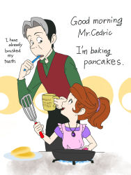 Rule 34 | 1boy, 1girl, age difference, apron, black hair, brooch, brown hair, brushing teeth, cedric (disney), cedric (sofia the first), child, collared shirt, cooking, cup, eye contact, food, frying pan, green shirt, height difference, high ponytail, highres, jewelry, looking at another, mug, multicolored hair, pancake, pink apron, shirt, short sleeves, smile, sofia (disney), sofia the first, spatula, standing, toothbrush, two-tone hair, vest