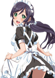 Rule 34 | 10s, 1girl, :d, alternate costume, apron, blush, breasts, curtsey, dress, enmaided, green eyes, long hair, looking at viewer, love live!, love live! school idol project, maid, maid apron, maid headdress, medium breasts, no panties, open mouth, purple hair, smile, solo, tetsujin momoko, tojo nozomi, twintails