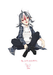 Rule 34 | 1girl, ahoge, alternate costume, animal print, black choker, black footwear, black hair, black pants, blush, boots, casual, cat print, choker, clothes writing, collarbone, commentary request, contemporary, cursive, full body, grey horns, grey jacket, hair between eyes, head tilt, high heel boots, high heels, highres, hood, hoodie, horns, indian style, jacket, kijin seija, long hair, long sleeves, looking at viewer, multicolored hair, open clothes, open jacket, pants, pinstripe pants, pinstripe pattern, pointy ears, red eyes, red hair, sharp teeth, signature, simple background, sitting, smile, solo, streaked hair, striped clothes, striped pants, teeth, tongue, tongue out, touhou, toutenkou, translation request, unmoving pattern, vertical-striped clothes, vertical-striped pants, white background, white hair, white hoodie