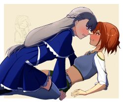 Rule 34 | 3girls, :3, = =, absurdres, blue capelet, blue dress, blue eyes, blush, braid, breasts, brown hair, capelet, clenched teeth, clothing cutout, commentary, dress, embarrassed, english commentary, eye contact, forehead-to-forehead, french braid, frieren, fukaikiri, grey hair, grey shorts, grey thighhighs, heads together, highres, kanne (sousou no frieren), lawine (sousou no frieren), long hair, looking at another, midriff, multiple girls, navel, noses touching, orange hair, pointy ears, shirt, shorts, shoulder cutout, small breasts, sousou no frieren, straddling, teeth, thighhighs, twintails, two side up, white shirt, yellow background, yuri