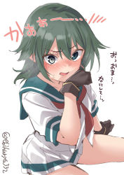 Rule 34 | 1girl, aqua sailor collar, blush, brown gloves, cowboy shot, ebifurya, gloves, green eyes, green hair, hair between eyes, heterochromia, highres, kantai collection, kiso (kancolle), neckerchief, one-hour drawing challenge, open mouth, pleated skirt, red neckerchief, sailor collar, school uniform, serafuku, short hair, short sleeves, simple background, skirt, solo, translation request, twitter username, white background, white skirt