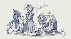Rule 34 | 4girls, = =, admire vega (umamusume), ahoge, animal ears, blush, book, cellphone, closed eyes, coffee cup, crown, cup, disposable cup, ear down, flying sweatdrops, greyscale, highres, holding, holding book, holding pencil, horse ears, horse girl, horse tail, long hair, long sleeves, looking at another, low ponytail, mame nabe donko, meisho doto (umamusume), mini crown, monochrome, multiple girls, narita top road (umamusume), notebook, open mouth, outstretched arm, pencil, pencil case, phone, sailor collar, school uniform, shirt grab, short hair, skirt, smartphone, smile, sparkle, t.m. opera o (umamusume), table, tail, teeth, tracen school uniform, umamusume, upper teeth only, v-shaped eyebrows
