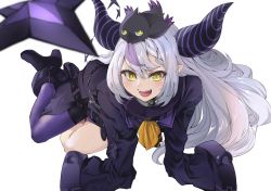 Rule 34 | 1girl, :d, absurdres, animal, belt, bird, blush, boots, collar, crow, crow (la+ darknesss), fangs, grey hair, high heels, highres, hololive, horns, la+ darknesss, long hair, looking at viewer, open mouth, pointy ears, purple hair, purple thighhighs, single thighhigh, sleeves past wrists, slit pupils, smile, solo, tail, teeth, thighhighs, torn flipper, transparent background, very long hair, virtual youtuber