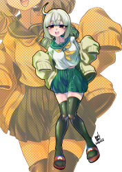 1girl absurdres ahoge araga_kiwi black_thighhighs blush breasts dated double_bun eyebrows_hidden_by_hair full_body green_hair green_skirt green_sweater hair_between_eyes hair_bun highres ikaika0326 knees_together_feet_apart large_breasts looking_at_viewer mahou_shoujo_ni_akogarete medium_hair mole mole_under_eye multiple_views open_mouth pleated_skirt red_eyes sailor_collar school_uniform shirt signature simple_background skirt slippers smile standing standing_on_one_leg sweater teeth thighhighs white_shirt