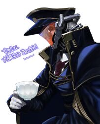 Rule 34 | black cape, black jacket, cape, clothed robot, collared shirt, crack, cup, from side, gloves, highres, holding, holding cup, humanoid robot, jacket, kurogane (chikichi), necktie, no humans, original, orrdriver, red necktie, robot, second-party source, shirt, solo, teacup, white gloves