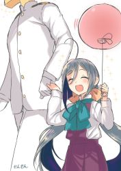 Rule 34 | 10s, 1boy, 1girl, :d, ^ ^, ahoge, artist name, balloon, blue bow, blue bowtie, bow, bowtie, closed eyes, gloves, grey hair, hetero, holding hands, kantai collection, kiyoshimo (kancolle), long hair, military, military uniform, open mouth, sensen, simple background, smile, t-head admiral, uniform, white background, white gloves