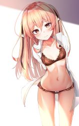 Rule 34 | 1girl, 3:, absurdres, ahoge, apple ringo, arms behind back, blonde hair, bra, breasts, brown bra, brown panties, collarbone, cowboy shot, frilled panties, frills, groin, hair between eyes, hair ribbon, head tilt, highres, lingerie, long hair, looking at viewer, navel, no pants, open clothes, open shirt, orange eyes, original, panties, raised eyebrow, ribbon, shirt, small breasts, solo, standing, stomach, thighs, two side up, underwear, white shirt