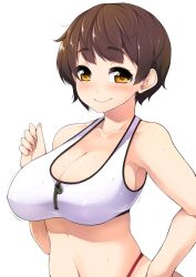Rule 34 | 1girl, bare arms, bare shoulders, blush, breasts, brown hair, cleavage, closed mouth, copyright request, fingernails, hand on own hip, highleg, highleg panties, large breasts, looking at viewer, nail polish, navel, panties, pink nails, shachi kamaboko, short hair, simple background, smile, solo, sports bra, sweat, underwear, upper body, white background, yellow eyes