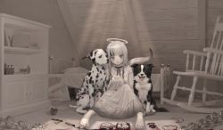 Rule 34 | 1girl, animal, barefoot, bed, blood, chain, chair, child&#039;s drawing, dalmatian, dog, dress, feet, female focus, grey eyes, grey hair, halo, highres, long dress, looking at viewer, mole, mole under eye, multicolored hair, namuta (namu t22), original, pale skin, parted lips, pointy ears, rocking chair, sidelocks, sitting, solo, streaked hair, toes, white theme, wooden wall