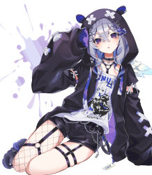 Rule 34 | 1girl, absurdres, amane kanata, amane kanata (punk rock), angel wings, animal hood, arm support, bear hair ornament, black collar, black footwear, black jacket, black shorts, blue hair, blue wings, blush, boots, character print, chest harness, collar, colored inner hair, commentary, crossed bangs, detached sleeves, double-parted bangs, feathered wings, fishnet pantyhose, fishnets, full body, gradient wings, grey hair, hair ornament, hairclip, hand up, harness, heart o-ring, highres, hololive, hood, hooded jacket, jacket, long sleeves, looking at viewer, medium hair, mini wings, multicolored hair, multicolored wings, o-ring, o-ring harness, o-ring thigh strap, official alternate costume, official alternate hairstyle, open clothes, open jacket, open mouth, paint splatter, pantyhose, print shirt, puffy long sleeves, puffy sleeves, punk, purple eyes, self character print, shirt, short shorts, shorts, single leg pantyhose, sitting, sleeves past fingers, sleeves past wrists, solo, thigh strap, virtual youtuber, wavy hair, white shirt, white wings, wings, x hair ornament, xivi9, yokozuwari