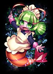 Rule 34 | 1girl, antennae, apron, black background, colored skin, elda (precure), fang, frilled apron, frills, full body, green eyes, green hair, hands up, horizontal pupils, index finger raised, long sleeves, looking at viewer, maid, maid apron, maid headdress, monster girl, multicolored hair, open mouth, orange skin, outstretched arms, pink skin, precure, red hair, senmu (0107), shrimp girl, sleeve cuffs, smile, solo, streaked hair, tropical-rouge! precure, twintails, two-tone hair, white apron