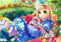 Rule 34 | 1girl, :o, alice (alice in wonderland), animal, animal ear fluff, animal ears, blonde hair, blue dress, blue footwear, book, bow, card, cat, cat ears, cat girl, cat tail, checkered floor, clock, couch, crossed legs, cup, day, dress, dress bow, flower, frilled dress, frills, grass, green eyes, hair bow, hairband, hisana, holding, holding cup, indoors, key, charm (object), long hair, looking at viewer, lying, medium dress, on back, original, pillow, plant, playing card, potted plant, red hairband, rose, saucer, short sleeves, slippers, solo, sugar bowl, sugar cube, tail, tea, teacup, toy, white legwear, window