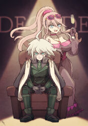 Rule 34 | 1boy, 1girl, :d, armchair, bare shoulders, breasts, brown gloves, brown jacket, chair, collarbone, cup, danganronpa (series), danganronpa 10th anniversary costume, danganronpa v3: killing harmony, dress, eyewear on head, glass, gloves, hair between eyes, hakusoto, hand up, holding, holding cup, iruma miu, jacket, jacket on shoulders, jewelry, k1-b0, large breasts, long hair, necklace, official alternate costume, open mouth, ponytail, red dress, shoes, sitting, smile, sunglasses, teeth, upper teeth only