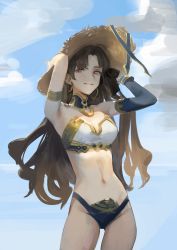 Rule 34 | 1girl, absurdres, armlet, armpits, arms up, bad id, bad twitter id, blue sky, blush, bow, breasts, brown hair, cleavage, cloud, cloudy sky, cowboy shot, day, detached collar, detached sleeves, dokshuri, earrings, fate/grand order, fate (series), hair bow, hat, highres, holding, hoop earrings, ishtar (fate), jewelry, long hair, looking at viewer, medium breasts, midriff, neck ring, parted bangs, parted lips, red eyes, single detached sleeve, single sleeve, sky, solo, straw hat