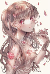 Rule 34 | 1girl, absurdres, blush, butterfly brooch, dress, flower, headband, highres, jewelry, long hair, looking at viewer, nail polish, necklace, original, pearl necklace, petals, pinapo 25, pink flower, pink rose, rose, solo, two side up