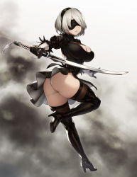 Rule 34 | 1girl, ass, black dress, black gloves, black hair, blindfold, boots, breasts, cleavage, dress, facing viewer, full body, gloves, grey hair, hairband, high heel boots, high heels, highres, holding, holding sword, holding weapon, houtengeki, katana, large breasts, leg up, mole, mole under mouth, nier (series), nier:automata, parted lips, puffy sleeves, short hair, solo, sword, thigh boots, thighhighs, two-sided fabric, two-sided skirt, weapon, 2b (nier:automata)