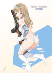 Rule 34 | 1girl, ass, back, bad id, bad pixiv id, bare shoulders, bikini, blue eyes, blue hairband, blush, breasts, brown hair, character name, copyright name, detached collar, detached sleeves, dimples of venus, full body, fur-trimmed sleeves, fur collar, fur trim, girls&#039; frontline, gloves, gun, hair ornament, hairband, highres, holding, holding gun, holding weapon, kneeling, leaning forward, long hair, long sleeves, looking at viewer, looking back, medium breasts, mezzo (orbanga21), no shoes, open mouth, sideboob, signature, snowflake hair ornament, solo, striped, striped sleeves, submachine gun, suomi (girls&#039; frontline), suomi kp/-31, swimsuit, thighhighs, torn clothes, torn thighhighs, weapon, white bikini, white gloves, white thighhighs