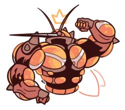 artsy-rc, buzzwole, commentary, creatures (company), cropped torso, crown, drawn crown, drawn wings, english commentary, flexing, game freak, gen 7 pokemon, hand up, highres, nintendo, no humans, pokemon, pokemon (creature), pose, signature, simple background, solo, ultra beast, upper body, white background