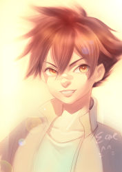 Rule 34 | 10s, 1boy, aizen kunitoshi, artist name, bandaid, bandaid on face, bandaid on nose, ecat, grin, highres, lens flare, looking at viewer, male focus, short hair, smile, solo, touken ranbu, upper body