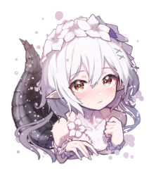 Rule 34 | 1girl, :|, arknights, bare shoulders, beudelb, blush, brown eyes, clenched hand, closed mouth, collarbone, crocodilian tail, cropped shoulders, flower, frills, hair between eyes, hair flower, hair ornament, hands up, highres, long hair, looking at viewer, official alternate costume, pointy ears, sidelocks, solo, tail, tomimi (arknights), white background, white flower, white hair, x hair ornament