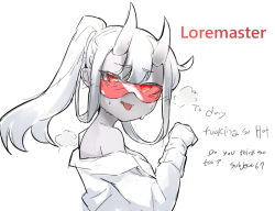 Rule 34 | 1girl, bare shoulders, blush, female focus, glasses, goggles, hair between eyes, helltaker, highres, horns, hot, lab coat, long hair, looking at viewer, looking over eyewear, looking over glasses, loremaster (helltaker), panting, red-tinted eyewear, red-tinted glasses, red eyes, silday (skabjh0147), sketch, solo, sunglasses, tagme, tinted eyewear, tongue, tongue out, undressing, visor, white background, white hair, white horns