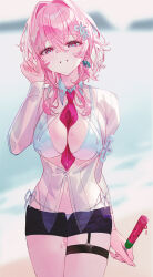 Rule 34 | 1girl, absurdres, beach, black shorts, blurry, blurry background, breasts, day, food, highres, honkai: star rail, honkai (series), indol, large breasts, looking at viewer, march 7th (honkai: star rail), medium hair, navel, ocean, outdoors, pink eyes, pink hair, popsicle, sand, see-through, see-through shirt, shirt, shorts, smile, solo, stomach
