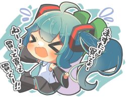 Rule 34 | &gt; &lt;, 1girl, ahoge, aqua hair, bare shoulders, black skirt, black sleeves, black thighhighs, chibi, clenched hands, commentary, detached sleeves, closed eyes, fangs, flying sweatdrops, hair ornament, hatsune miku, long hair, miniskirt, open mouth, shirt, shoulder tattoo, sitting, skin fangs, skirt, sleeveless, sleeveless shirt, solo, spring onion, stuffed toy, syuyak61, tantrum, tattoo, thighhighs, translated, twintails, very long hair, vocaloid, white shirt