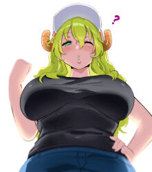 Rule 34 | 1girl, ;o, ?, aa2mee, absurdres, baseball cap, black shirt, blue shorts, blush, breasts, buttons, commentary, covered navel, demon girl, demon horns, double-breasted, english commentary, from below, green eyes, green hair, hat, highres, horns, huge breasts, kobayashi-san chi no maidragon, long hair, looking at viewer, looking down, lucoa (maidragon), one eye closed, open mouth, shirt, shorts, simple background, solo, white background, white hat