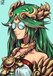 Rule 34 | 1girl, :&gt;, ancient greek clothes, artist logo, bare shoulders, blue background, chiton, forehead jewel, glasses, green hair, jewelry, kid icarus, kid icarus uprising, nintendo, palutena, pendant, round eyewear, smile, solo, sparkle, stoic seraphim, twitter username, upper body