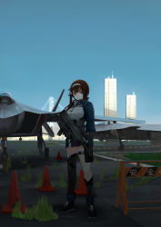 Rule 34 | 1girl, aircraft, airplane, blue jacket, blue sky, breasts, brown hair, building, bullpup, fighter jet, full body, girls&#039; frontline, gun, hair between eyes, hairband, hanabusaraleigh, highres, holding, holding gun, holding weapon, j-20, jacket, jet, js 9 (girls&#039; frontline), js 9 mm, long hair, looking at viewer, mechanical arms, military, military vehicle, mole, mole under eye, outdoors, red eyes, scenery, sidelocks, skirt, sky, solo, standing, submachine gun, suppressor, weapon, white hairband