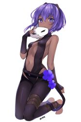 Rule 34 | 1girl, artist name, bare shoulders, black gloves, black hairband, black leotard, blush, breasts, closed mouth, commentary, dark-skinned female, dark skin, elbow gloves, english commentary, fate/prototype, fate/prototype: fragments of blue and silver, fate (series), fingerless gloves, flower, full body, gloves, hair between eyes, hairband, hassan of serenity (fate), hitsukuya, holding, holding mask, kneeling, leggings, leotard, looking at viewer, mask, unworn mask, medium breasts, navel, purple eyes, purple flower, purple hair, simple background, skull mask, solo, stirrup legwear, toeless legwear, white background