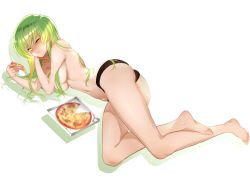 Rule 34 | 1girl, ;), barefoot, black panties, breasts, c.c., code geass, food, full body, green hair, groin, hair censor, hair over breasts, highres, holding, holding food, long hair, looking at viewer, lying, medium breasts, navel, on side, one eye closed, panties, parted lips, pizza, simple background, smile, soles, solo, topless, underwear, underwear only, white background, yellow eyes, zasshu