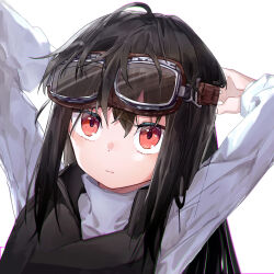 Rule 34 | 1girl, absurdres, arms behind head, arms up, black hair, black vest, closed mouth, commentary, expressionless, goggles, goggles on head, highres, kino (kino no tabi), kino no tabi, long hair, long sleeves, red eyes, shirt, simple background, solo, upper body, vest, white background, white shirt, ydpfa