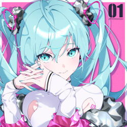 Rule 34 | 1girl, absurdres, akovo, aqua eyes, aqua hair, aqua nails, armpit cutout, black scrunchie, blush, chinese commentary, closed mouth, clothing cutout, commentary, hair between eyes, hair ornament, hair scrunchie, hatsune miku, head rest, highres, interlocked fingers, jacket, long hair, looking at viewer, off shoulder, own hands together, pink jacket, scrunchie, solo, solwa, twintails, vocaloid