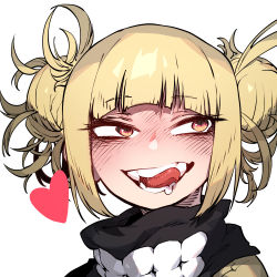 Rule 34 | 1girl, blonde hair, blush, boku no hero academia, double bun, heart, highres, licking lips, looking to the side, portrait, red eyes, saliva, simple background, slit pupils, smile, solo, ssambatea, toga himiko, tongue, tongue out, white background