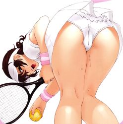 Rule 34 | 1girl, ball, bent over, cameltoe, kneepits, open mouth, simple background, solo, source request, teeth, tennis racket, tongue, white background