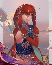 Rule 34 | 1girl, absurdres, artist name, breasts, colored skin, commentary, crescent, crescent pin, fins, fish girl, gem, hair ornament, hand up, highres, jewelry, long hair, maglacuna, mipha, monster girl, multicolored skin, nintendo, pointy ears, red hair, red skin, small breasts, smile, solo, standing, the legend of zelda, the legend of zelda: breath of the wild, water, yellow eyes, zora