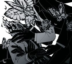 Rule 34 | 1boy, 1other, animal head, bug, butterfly, clock, coat, dante (limbus company), fire, flower, funeral of the dead butterflies, gloves, greyscale, insect, jacket, limbus company, lobotomy corporation, long sleeves, maskv, monochrome, object head, pants, project moon, simple background, wing collar