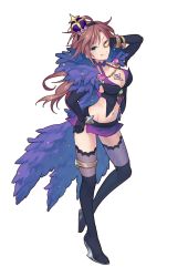 Rule 34 | 1girl, ;d, aqua eyes, arm up, black gloves, bracelet, breasts, brown hair, cleavage, crown, elbow gloves, full body, gloves, hand on own hip, highres, jewelry, kaitou jewelry rose, kaitou jewlery rose, long hair, medium breasts, midriff, mizuto umi (blue monday), navel, official art, one eye closed, open mouth, simple background, smile, solo, standing, thighhighs, toys drive, white background