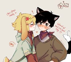 Rule 34 | !, 2boys, alternate costume, animal ears, basil (faraway) (omori), basil (omori), black eyes, black hair, blonde hair, bright pupils, cat boy, cat ears, cat tail, closed eyes, closed mouth, flower, hair flower, hair ornament, heart, highres, hood, hoodie, long sleeves, looking at another, male focus, multiple boys, ni12345670, omori, rabbit boy, rabbit ears, rabbit tail, red sweater, short hair, speech bubble, spoken heart, sunny (omori), sweater, tail, translation request, twitter username, vietnamese text, white pupils