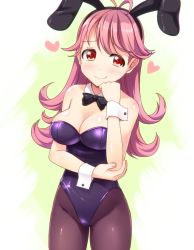 Rule 34 | 1girl, animal ears, bad id, bad pixiv id, bare shoulders, blush, bow, bowtie, breasts, cleavage, detached collar, elbow rest, fake animal ears, heart, leotard, long hair, looking at viewer, pantyhose, pink hair, playboy bunny, rabbit ears, red eyes, sakaiya yumeno, smile, solo, standing, tokyo 7th sisters, totokichi, wrist cuffs
