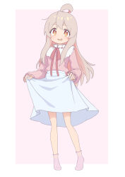 Rule 34 | 1girl, :d, ahoge, bare legs, blonde hair, brown eyes, commentary, full body, highres, long hair, long sleeves, looking at viewer, no shoes, onii-chan wa oshimai!, open mouth, oyama mahiro, pink background, pink shirt, pink socks, rundraw, shirt, simple background, skirt, skirt hold, smile, socks, solo, standing, white skirt