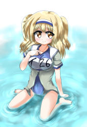 Rule 34 | 10s, 1girl, alternate hair color, blonde hair, breasts, clothes writing, hairband, highres, i-26 (kancolle), jacket, kantai collection, large breasts, long hair, looking at viewer, new school swimsuit, one-piece swimsuit, open clothes, ripples, rsu511, school swimsuit, sitting, smile, solo, swimsuit, two-tone hairband, wariza, water, yellow eyes