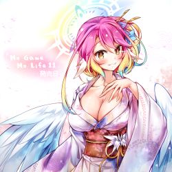 Rule 34 | 1girl, angel, angel wings, blush, breasts, cleavage, spiked halo, cross, feathered wings, gradient hair, grin, hair ornament, halo, ikasoke (likerm6au), japanese clothes, jibril (no game no life), kimono, large breasts, looking at viewer, low wings, magic circle, multicolored hair, no game no life, obi, pink hair, purple kimono, sash, smile, solo, symbol-shaped pupils, teeth, white wings, wing ears, wings, yellow eyes