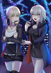Rule 34 | 2girls, artoria pendragon (all), artoria pendragon (fate), bare legs, belt, blush, boots, breasts, collarbone, eating, eyebrows hidden by hair, fate/grand order, fate/stay night, fate (series), food, grey hair, hair ribbon, highres, holding, holding food, jacket, jeanne d&#039;arc (fate), jeanne d&#039;arc alter (fate), jeanne d&#039;arc alter (ver. shinjuku 1999) (fate), long hair, looking at another, mouth hold, multiple girls, neck, night, night sky, official alternate costume, open mouth, ponytail, ribbon, saber alter, saber alter (ver. shinjuku 1999) (fate), shirt, short hair, shorts, sii artatm, skirt, sky, smile, wicked dragon witch ver. shinjuku 1999, yellow eyes